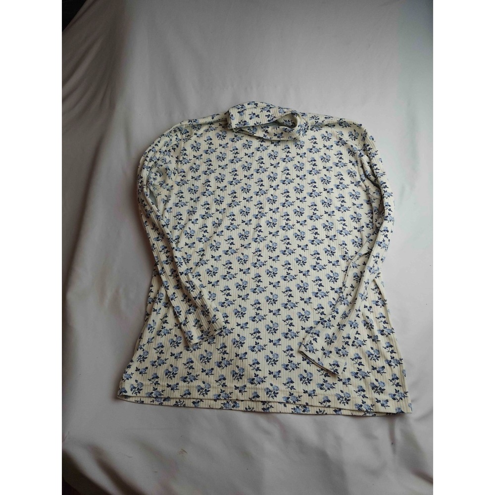 Bobbie Brooks Top Womens Large Cream Blue Floral Turtleneck Long Sleeve Casual
